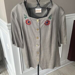 Embroidered Short-Sleeve Button Front Jacket - Neutral Taupe with Bright Floral